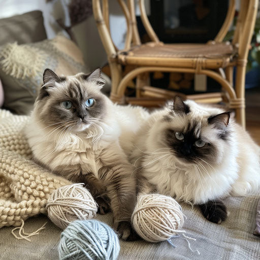Two Himalayan cats playing with yarn balls in a cozy living room