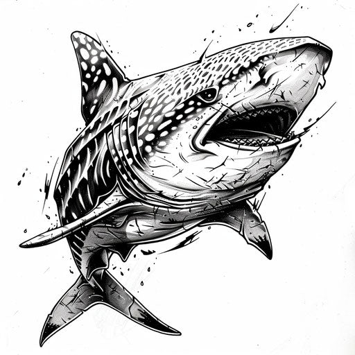 Bold flat tattoo sketch of a whale shark's head with dramatic, high contrast shading