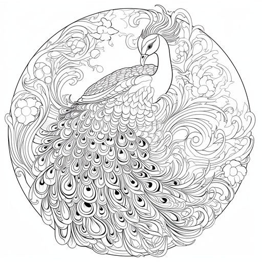 Peacock coloring page for adults and kids, flowing textures style, ornate simplicity, black and white