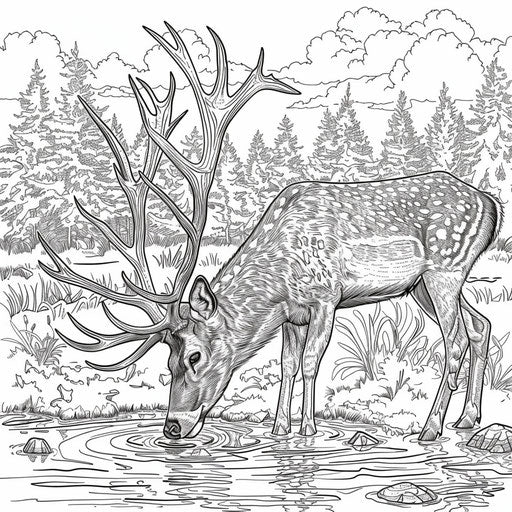 Deer drinking in pond with scenic backdrop. Coloring page