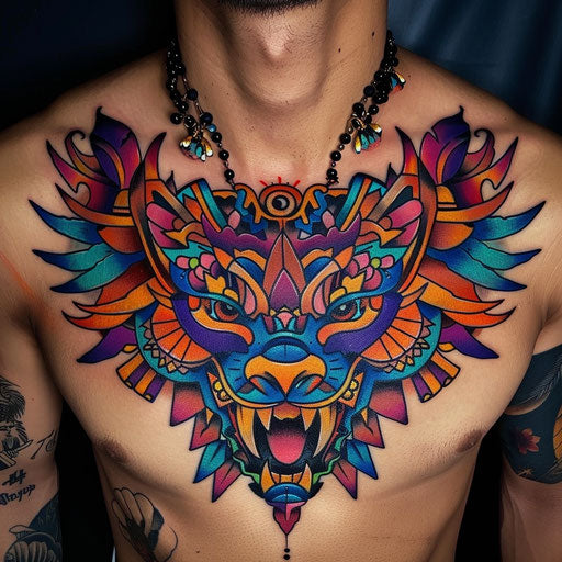 Vibrant flat tattoo sketch of a neo tribal chest piece