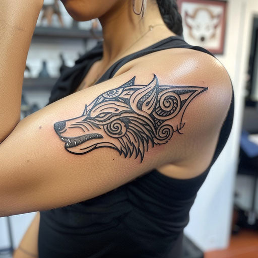 Bicep tattoo of a tribal wolf, Glenn Fabry style