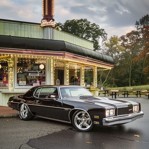 1976 Malibu Classic restomod with modern technology and vintage style, parked outside a classic diner.