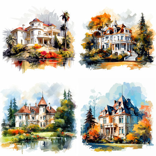Mansion clipart in the style of Impressionistic Art, on white background