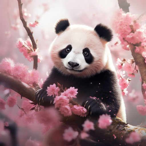 Panda bear sitting on a pink tree with pink blossoms