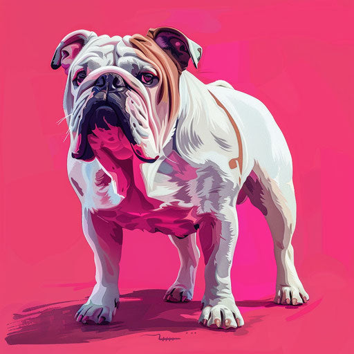 Bulldog on bright magenta background, intense colors, textures