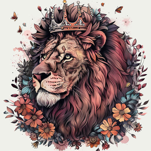 Flat tattoo sketch of a lion with a crown and floral designs