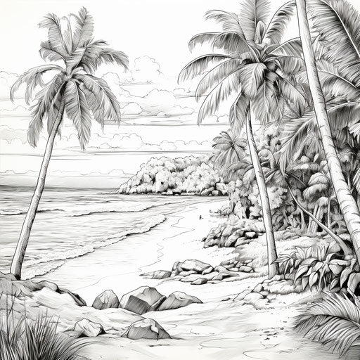 Island beach coloring page with detailed ink sketches, beautiful