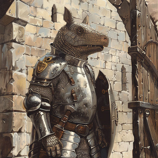 Medieval armadillo knight in shining armor, standing guard at a castle gate