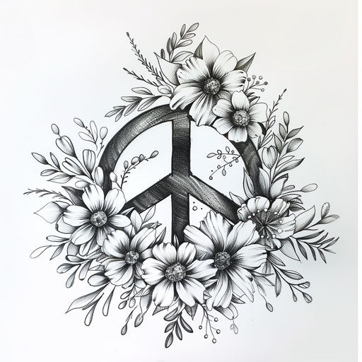 Stylish peaceful tattoo sketch with a peace sign surrounded by minimalist floral designs in soft tones