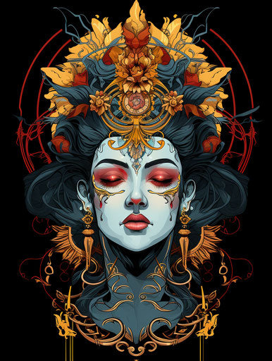 Tattooed queen, Greek lettering design, bold colorful portrait