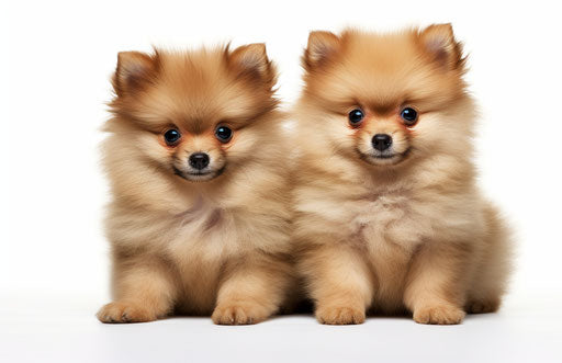 Two small brown pomeranian pups on white background