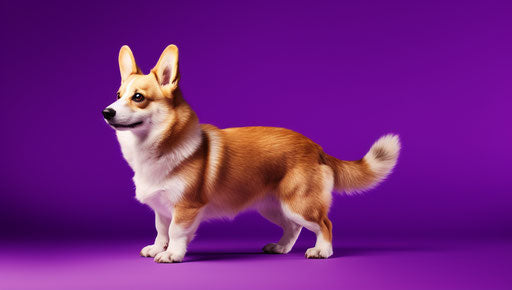 Corgi dog on purple background, AP photo style, full body