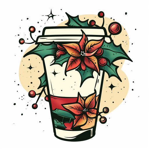 Festive tattoo sketch of a coffee cup with holiday decorations