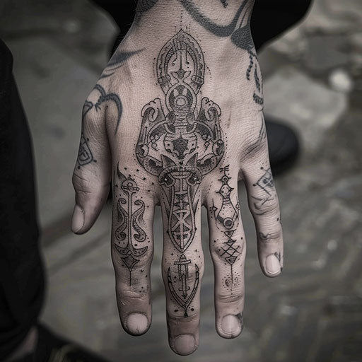 Finger tattoo mythical symbols, J.P. Targete style