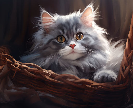 Fluffy cat in grey basket, light maroon and dark indigo style 31:25
