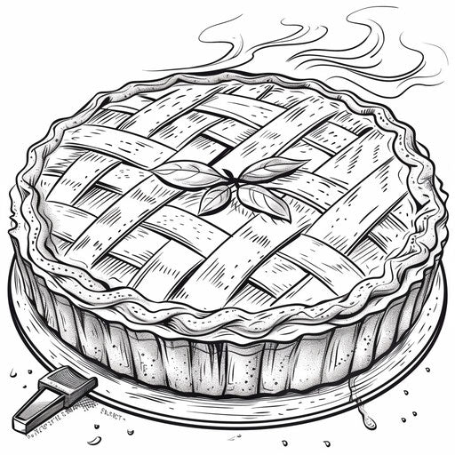 An apple pie with a lattice crust and steam rising. Coloring book page