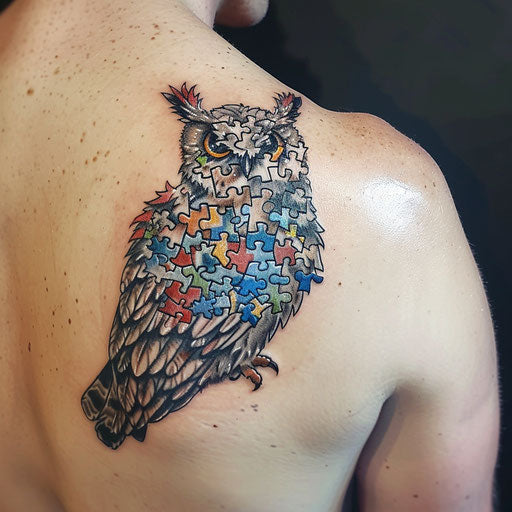 Stylized tattoo of an owl, feathers detailed with autism puzzle pieces, representing wisdom, on a pristine white background