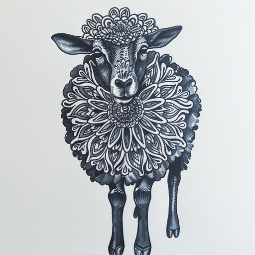 Black sheep with intricate mandalas on white canvas