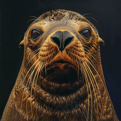 Sea lion portrait with detailed fur and intense gaze, in the style of Frans Lanting