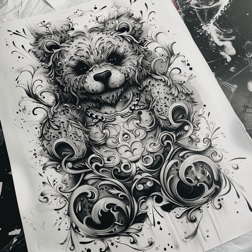 Black and grey teddy bear tattoo design on white paper