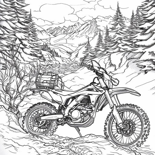 Dirt bike in snowy mountain scenery, Jan Brett inspired