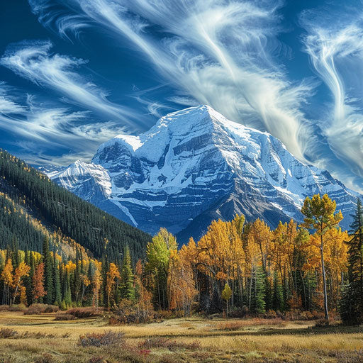 Panoramic view of snowy peaks of Mount Robson under a brilliant blue sky