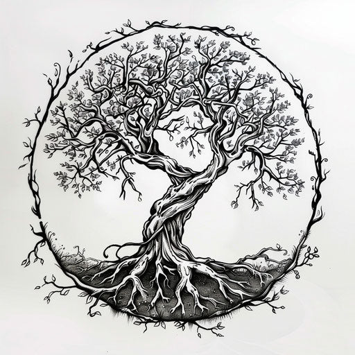 Sketch of a tattoo of a tree of life with roots and intertwining branches, clipart style, flat black ink
