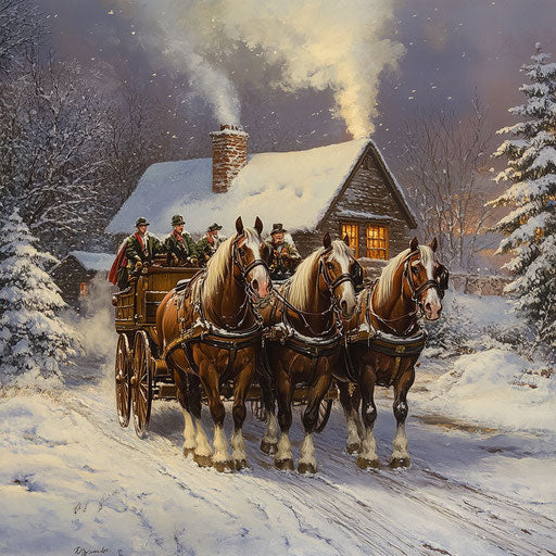 Draft horses in the snow pulling a beer cart outside a quaint cottage, smoke rising from the chimney.