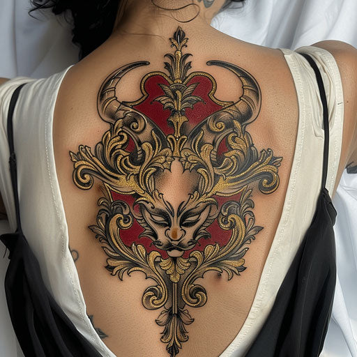 Baroque devil tattoo in gold and red on white background