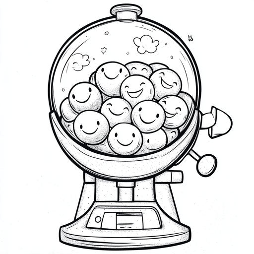 Gumball machine with smiling faces on each gumball - Jen Bartel coloring book style