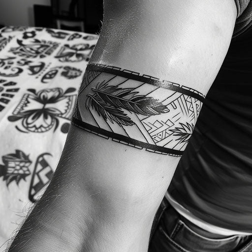 Feather and tribal armband tattoo