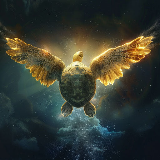 A turtle with wings made of light ascending to the sky