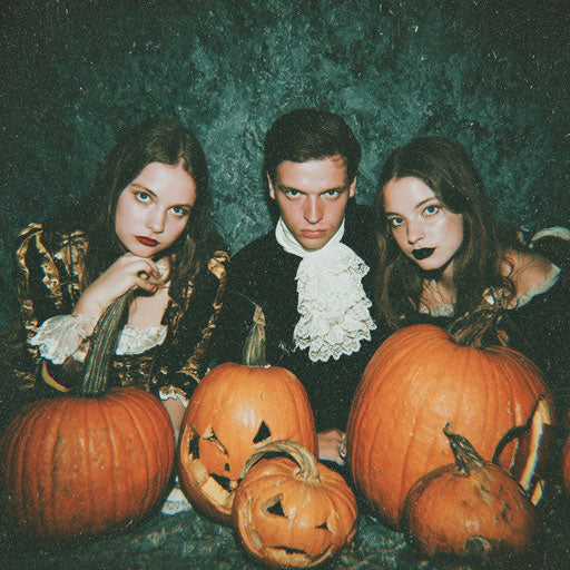 Three People in Halloween Costumes with Pumpkins