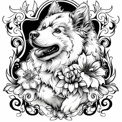 Cultural clipart style flat tattoo sketch for a dog outline tattoo with a Samoyed framed by traditional Russian folk art