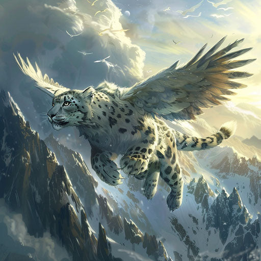 Winged snow leopard flying over a mystical mountain range