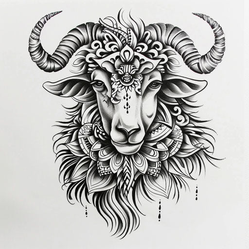Exotic flat tattoo sketch of a sheep with traditional Maori inspired tattoo patterns