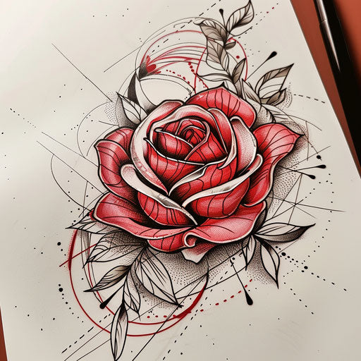 Dynamic flat tattoo sketch of a blooming rose with petals unfurling in a spiral design