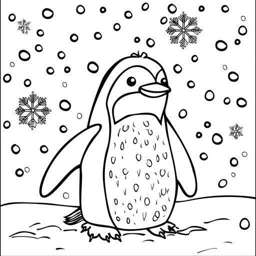 Simple penguin outline on snowflake background. Coloring book page
