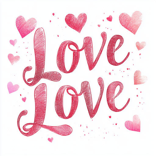 Love in cursive pink and red with hearts on white background