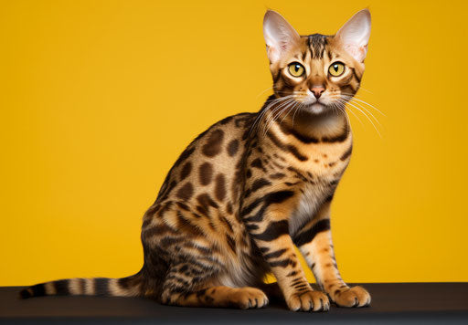 Bengal cat breeds petfinder com, in the style of dark yellow and light maroon, pseudo-realistic, sparse, tondo, full body, close up, light brown and white 33:23