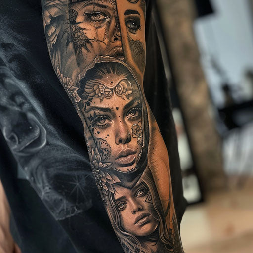 Sleeve tattoo with dramatic and realistic portraits