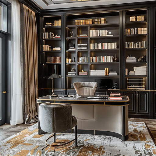 Stylish home office with large desk and bookshelves