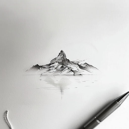 Minimalist mountain landscape, single needle tattoo sketch