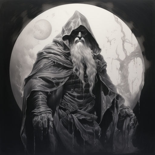 Black and white tattoo of a full moon in occultist style