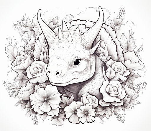 Unicorn dinosaur with flowers, butterflies and leaves cute coloring page