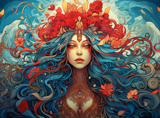 Girl with long hair, elaborate patterns, blue background, romantic fantasy