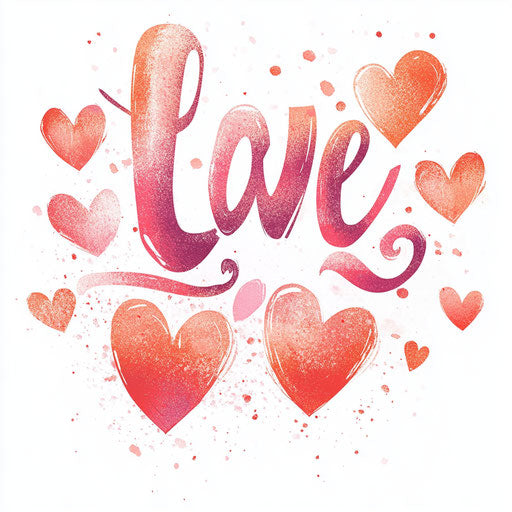 Love in cursive, pink and red gradient, with hearts, on white