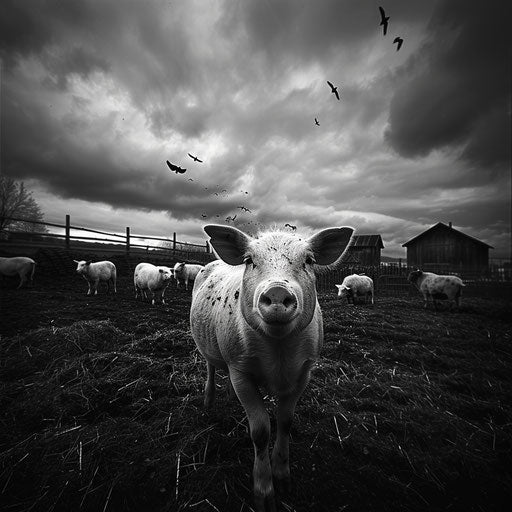 Farm animals in a dramatic monochrome setting