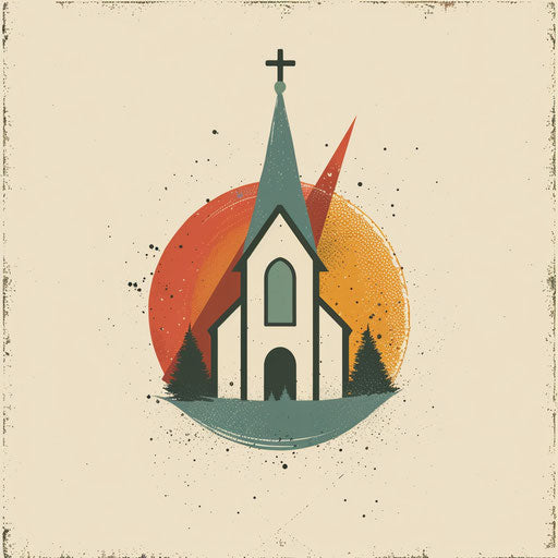 Vintage church badge logo with retro color palette and textured background